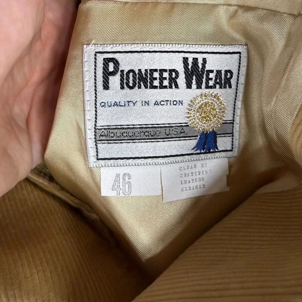 VTG Pioneer Wear Blazer Mens 46 Beige Corduroy Leather Western Jacket USA Cowboy